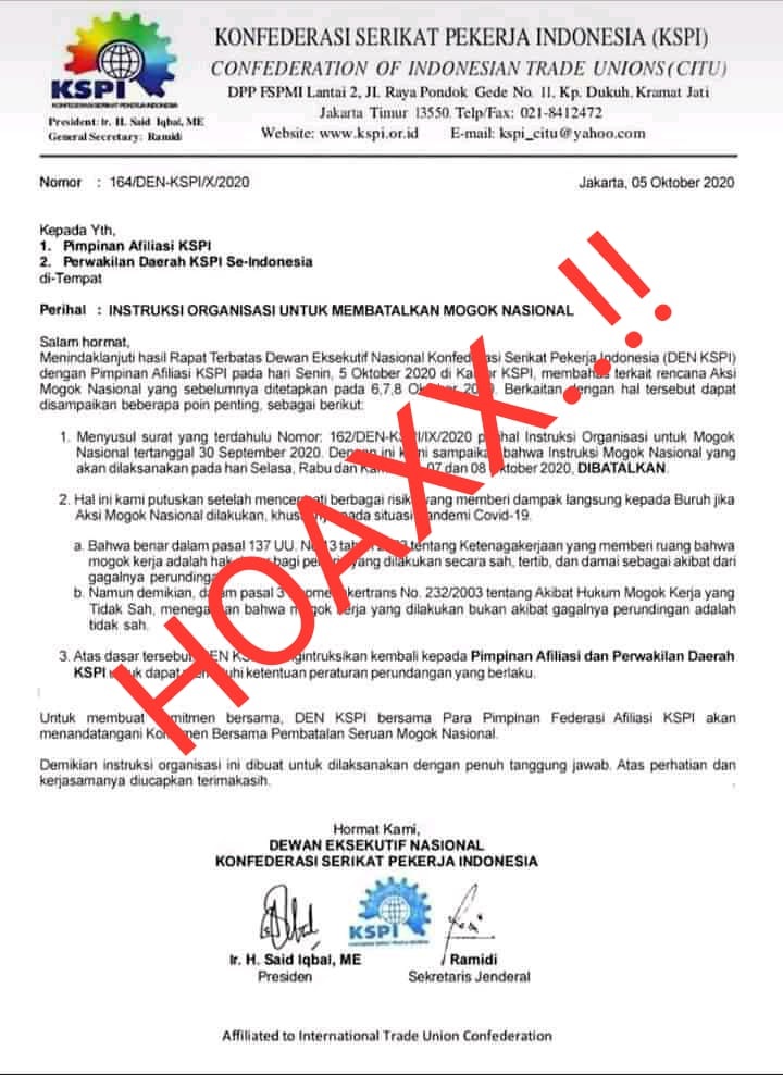 Beredar Surat KSPI Terkait Pembatalan Aksi Mogok Nasional, Itu HOAX !!!