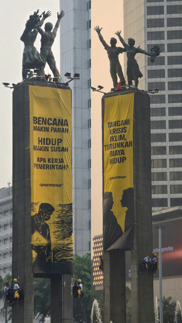 Greenpeace Indonesia Bentangkan Spanduk di Bundaran HI, Protes Krisis Iklim & Kerusakan Lingkungan.